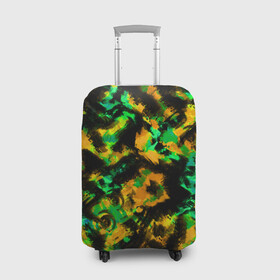 Чехол для чемодана 3D с принтом Абстрактный желто-зеленый узор в Тюмени, 86% полиэфир, 14% спандекс | двустороннее нанесение принта, прорези для ручек и колес | абстрактный | желтый | зеленый | камуфляж | мужской | популярный | размытый узор | современный | черный