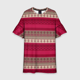 Детское платье 3D с принтом Полосатый вышитый орнамент  в Тюмени, 100% полиэстер | прямой силуэт, чуть расширенный к низу. Круглая горловина, на рукавах — воланы | бежевый | вишневый цвет | вышивка | коричневый и бордовый | орнамент | полосы | популярный | простой | этнический