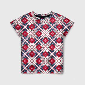 Детская футболка 3D с принтом Красно-синий плед -клетка в Тюмени, 100% гипоаллергенный полиэфир | прямой крой, круглый вырез горловины, длина до линии бедер, чуть спущенное плечо, ткань немного тянется | Тематика изображения на принте: абстрактный | геометрический | красный | плед | пэчворк | синий | современный | этнический