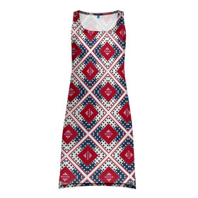 Платье-майка 3D с принтом Красно-синий плед -клетка в Тюмени, 100% полиэстер | полуприлегающий силуэт, широкие бретели, круглый вырез горловины, удлиненный подол сзади. | абстрактный | геометрический | красный | плед | пэчворк | синий | современный | этнический