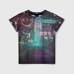 Детская футболка 3D с принтом Neon Tokyo в Тюмени, 100% гипоаллергенный полиэфир | прямой крой, круглый вырез горловины, длина до линии бедер, чуть спущенное плечо, ткань немного тянется | anime | cyber | cyberpunk | japan | japanese | neon | retro | retro wave | road | street | tokyo | wave | аниме | дорога | иероглифы | кибер | киберпанк | неон | неоновый | ночной токио | ночь | ретро | свет | токио | улица | уличный | эстетика