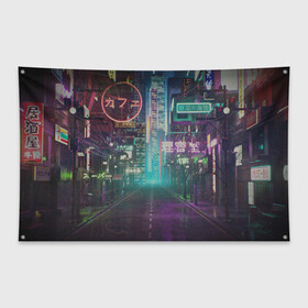 Флаг-баннер с принтом Neon Tokyo в Тюмени, 100% полиэстер | размер 67 х 109 см, плотность ткани — 95 г/м2; по краям флага есть четыре люверса для крепления | anime | cyber | cyberpunk | japan | japanese | neon | retro | retro wave | road | street | tokyo | wave | аниме | дорога | иероглифы | кибер | киберпанк | неон | неоновый | ночной токио | ночь | ретро | свет | токио | улица | уличный | эстетика