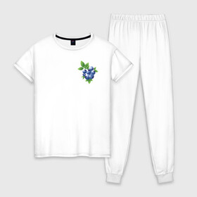 Женская пижама хлопок с принтом Черника в Тюмени, 100% хлопок | брюки и футболка прямого кроя, без карманов, на брюках мягкая резинка на поясе и по низу штанин | зеленый | листья | синий | черника | ягоды