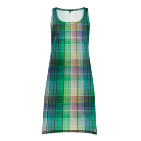 Платье-майка 3D с принтом Зеленый клетчатый узор  в Тюмени, 100% полиэстер | полуприлегающий силуэт, широкие бретели, круглый вырез горловины, удлиненный подол сзади. | в клетку | зеленый | клетка | клетчатый узор | популярный | рубашечный | современный | шотландка