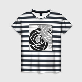 Женская футболка 3D с принтом Аппликация розы на полосатом в Тюмени, 100% полиэфир ( синтетическое хлопкоподобное полотно) | прямой крой, круглый вырез горловины, длина до линии бедер | абстрактные розы | абстрактный узор | абстракция | белый | женский | серый | современный | черно  белый | черные розы