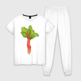 Женская пижама хлопок с принтом Ревень в Тюмени, 100% хлопок | брюки и футболка прямого кроя, без карманов, на брюках мягкая резинка на поясе и по низу штанин | арт | зелень | красный | мило | милота | овощ | овощи | ревень | рисунок | свежие овощи | свежий овощ | свежий продукт
