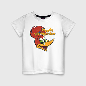 Детская футболка хлопок с принтом Дятел Вуди потертый логотип в Тюмени, 100% хлопок | круглый вырез горловины, полуприлегающий силуэт, длина до линии бедер | animals | cartoon | character | head | laughter | woody woodpecker | дятел вуди | животные | мультики | персонаж | смех