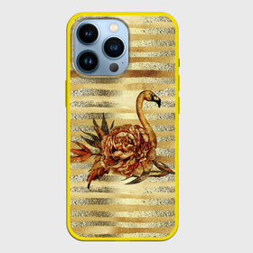 Чехол для iPhone 13 Pro с принтом Золотой фламинго и цветок в Тюмени,  |  | драгоценный | золотистый | золото | пион | полоски | птица | серебристый | серебро | фламинго | цветок | цветочный | цветы