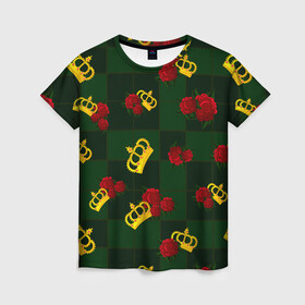 Женская футболка 3D с принтом Короны и розы в Тюмени, 100% полиэфир ( синтетическое хлопкоподобное полотно) | прямой крой, круглый вырез горловины, длина до линии бедер | зеленая клетка | золото | квадрат | королева | король | корона | красный | полосы | роза | сетка | узор | цветок | шахматная доска | шахматы