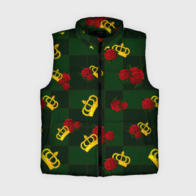 Женский жилет утепленный 3D с принтом Короны и розы в Тюмени,  |  | зеленая клетка | золото | квадрат | королева | король | корона | красный | полосы | роза | сетка | узор | цветок | шахматная доска | шахматы