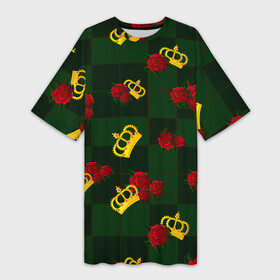 Платье-футболка 3D с принтом Короны и розы в Тюмени,  |  | зеленая клетка | золото | квадрат | королева | король | корона | красный | полосы | роза | сетка | узор | цветок | шахматная доска | шахматы