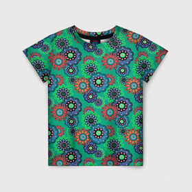 Детская футболка 3D с принтом Ретро цветочный узор  в Тюмени, 100% гипоаллергенный полиэфир | прямой крой, круглый вырез горловины, длина до линии бедер, чуть спущенное плечо, ткань немного тянется | абстрактные цветы | детский | женский | зеленый | разноцветный | ретро | цветочный | цветы