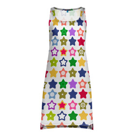 Платье-майка 3D с принтом Разноцветные звездочки  в Тюмени, 100% полиэстер | полуприлегающий силуэт, широкие бретели, круглый вырез горловины, удлиненный подол сзади. | абстрактный | детский | звезды | зеленый | красный | летний | разноцветные звезды | синий | современный