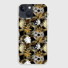 Чехол для iPhone 13 mini с принтом Листва, кружева и золото в Тюмени,  |  | золотистый | золото | золотой | круги | кружева | кружево | кружки | листва | листочки | листы | листья | осенний | осень | узоры