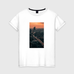 Женская футболка хлопок с принтом Мегаполис в Тюмени, 100% хлопок | прямой крой, круглый вырез горловины, длина до линии бедер, слегка спущенное плечо | вид сверху | высотки | город | дороги | закат | мегаполис