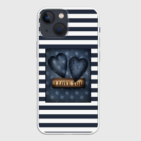 Чехол для iPhone 13 mini с принтом Я тебя люблю в Тюмени,  |  | влюбленным | для любимого | любовь | полосатый узор | ретро | сердце | синий | темно синий