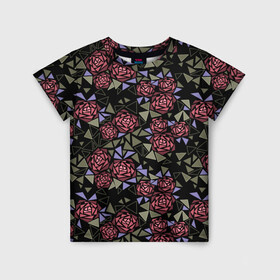 Детская футболка 3D с принтом Цветочная мозаика  в Тюмени, 100% гипоаллергенный полиэфир | прямой крой, круглый вырез горловины, длина до линии бедер, чуть спущенное плечо, ткань немного тянется | абстрактные цветы | абстрактный | геометрический | коричневый | оливковый | розовый | цветочный