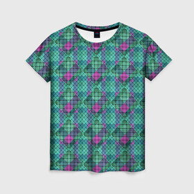 Женская футболка 3D с принтом Бирюзовый клетчатый узор в Тюмени, 100% полиэфир ( синтетическое хлопкоподобное полотно) | прямой крой, круглый вырез горловины, длина до линии бедер | абстрактный | бирюзовый | клетка | модный | плед | разноцветный плед | современный | шотландка