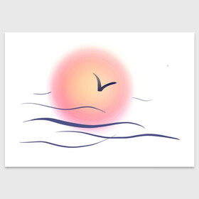 Поздравительная открытка с принтом Солнечный шар в Тюмени, 100% бумага | плотность бумаги 280 г/м2, матовая, на обратной стороне линовка и место для марки
 | Тематика изображения на принте: sea | sun | закат | море | небо | птицы | солнце | чайки