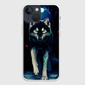 Чехол для iPhone 13 mini с принтом КРАСИВЫЙ ВОЛК в Тюмени,  |  | волк | деревья | зверь | лес | листя | луна | снег | хищник