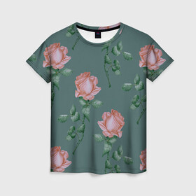 Женская футболка 3D с принтом Красные розы на зеленом фоне в Тюмени, 100% полиэфир ( синтетическое хлопкоподобное полотно) | прямой крой, круглый вырез горловины, длина до линии бедер | 8 марта | flowers | march 8 | spring | ботаническая иллюстрация | весна | день рождения | зеленый | красный | лето | любовь | праздник | принт | природа | растения | роза | цветы