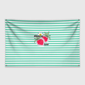 Флаг-баннер с принтом Цветы и ягоды земляники  в Тюмени, 100% полиэстер | размер 67 х 109 см, плотность ткани — 95 г/м2; по краям флага есть четыре люверса для крепления | детский | зеленый | земляника | красный | малышам | полосатый | современный | цветы | ягодный паттерн | ягоды