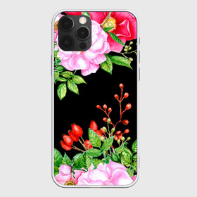 Чехол для iPhone 12 Pro с принтом Цветущий шиповник на черном в Тюмени, силикон | область печати: задняя сторона чехла, без боковых панелей | акварель | акварельный | вечерний | женственная | женственный | листья | плоды | цветочки | цветочный | цветы | черный | шиповник | ягоды