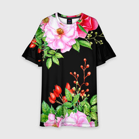 Детское платье 3D с принтом Цветущий шиповник на черном в Тюмени, 100% полиэстер | прямой силуэт, чуть расширенный к низу. Круглая горловина, на рукавах — воланы | акварель | акварельный | вечерний | женственная | женственный | листья | плоды | цветочки | цветочный | цветы | черный | шиповник | ягоды