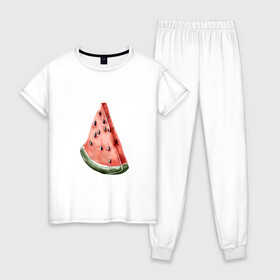 Женская пижама хлопок с принтом Долька арбуза  в Тюмени, 100% хлопок | брюки и футболка прямого кроя, без карманов, на брюках мягкая резинка на поясе и по низу штанин | black | green | object | read | арт | еда | иллюстрация | принт | ягода