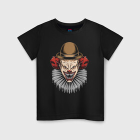 Детская футболка хлопок с принтом The terrible clown в Тюмени, 100% хлопок | круглый вырез горловины, полуприлегающий силуэт, длина до линии бедер | clown | eyes | fangs | halloween | hat | holiday | horror | jabot | jaw | muzzle | nose | глаза | жабо | клоун | клыки | нос | пасть | праздник | ужас | хэллоуин | шляпа