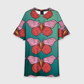 Детское платье 3D с принтом Зеленый принт с бабочками :) в Тюмени, 100% полиэстер | прямой силуэт, чуть расширенный к низу. Круглая горловина, на рукавах — воланы | бабочки | градиент | графический | грустный | зеленый | меланхолия | насекомые | ретро | розовый | странный