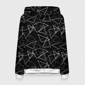 Женская толстовка 3D с принтом Черно-белый геометрический  в Тюмени, 100% полиэстер  | двухслойный капюшон со шнурком для регулировки, мягкие манжеты на рукавах и по низу толстовки, спереди карман-кенгуру с мягким внутренним слоем. | абстрактный | геометрические фигуры | монохромный | мужской | треугольники | черный и белый | черный фон