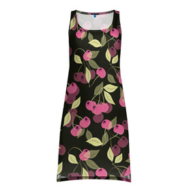 Платье-майка 3D с принтом Вишневый сад  в Тюмени, 100% полиэстер | полуприлегающий силуэт, широкие бретели, круглый вырез горловины, удлиненный подол сзади. | вишневый | вишня | детский | для девочки | малышам | розовый | черный | ягоды