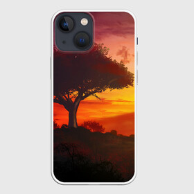 Чехол для iPhone 13 mini с принтом СОЛНЦЕ НАД АФРИКОЙ в Тюмени,  |  | Тематика изображения на принте: африка | дерево | живопись | облака | пейзаж | рассвет | рисунок | саванна