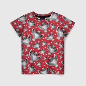 Детская футболка 3D с принтом Серебряные совы в Тюмени, 100% гипоаллергенный полиэфир | прямой крой, круглый вырез горловины, длина до линии бедер, чуть спущенное плечо, ткань немного тянется | красное с серым | птицы | серебро | совы | талисман | украшение