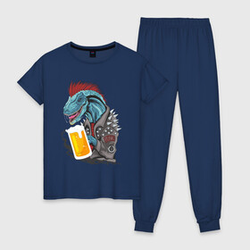 Женская пижама хлопок с принтом Пиво - Панко - Завр в Тюмени, 100% хлопок | брюки и футболка прямого кроя, без карманов, на брюках мягкая резинка на поясе и по низу штанин | Тематика изображения на принте: dinosaur | pivo | pivozavr | динозавр | прикол