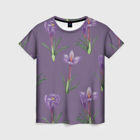 Женская футболка 3D с принтом Цветы шафрана на фиолетовом в Тюмени, 100% полиэфир ( синтетическое хлопкоподобное полотно) | прямой крой, круглый вырез горловины, длина до линии бедер | 8 марта | flowers | march 8 | spring | ботаническая иллюстрация | весна | день рождения | зеленый | лето | любовь | праздник | принт | природа | растения | фиолетовый | цветы | шафран