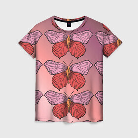 Женская футболка 3D с принтом Розовый принт с бабочками  в Тюмени, 100% полиэфир ( синтетическое хлопкоподобное полотно) | прямой крой, круглый вырез горловины, длина до линии бедер | бабочки | градиент | грустый | меланхолия | мотылек | насекомые | розовый | цветочки