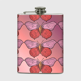 Фляга с принтом Розовый принт с бабочками  в Тюмени, металлический корпус | емкость 0,22 л, размер 125 х 94 мм. Виниловая наклейка запечатывается полностью | бабочки | градиент | грустый | меланхолия | мотылек | насекомые | розовый | цветочки
