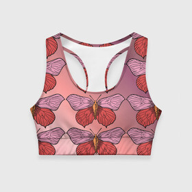 Женский спортивный топ 3D с принтом Розовый принт с бабочками  в Тюмени, 82% полиэстер, 18% спандекс Ткань безопасна для здоровья, позволяет коже дышать, не мнется и не растягивается |  | бабочки | градиент | грустый | меланхолия | мотылек | насекомые | розовый | цветочки