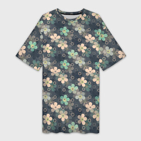Платье-футболка 3D с принтом Цветочный ретро узор в Тюмени,  |  | бирюзовый | детский | для девочек | разноцветный | ретро | серый | цветочный узор | цветы