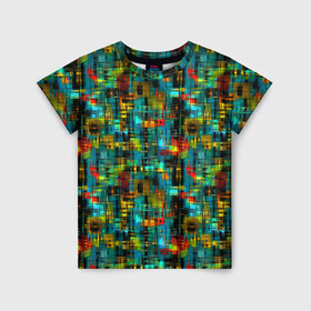 Детская футболка 3D с принтом Разноцветные штрихи на бирюзе в Тюмени, 100% гипоаллергенный полиэфир | прямой крой, круглый вырез горловины, длина до линии бедер, чуть спущенное плечо, ткань немного тянется | абстрактный | бирюзовый | вкрапления | детский | красный | модный | молодежный | штрихи