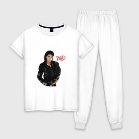 Женская пижама хлопок с принтом BAD. Майкл Джексон в Тюмени, 100% хлопок | брюки и футболка прямого кроя, без карманов, на брюках мягкая резинка на поясе и по низу штанин | bad | michael jackson | бэд | король | майкл джексон | поп король