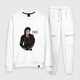 Женский костюм хлопок с принтом BAD. Майкл Джексон в Тюмени, 100% хлопок | на свитшоте круглая горловина, мягкая резинка по низу. Брюки заужены к низу, на них два вида карманов: два 