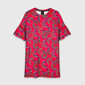 Детское платье 3D с принтом Бабочки на красном в Тюмени, 100% полиэстер | прямой силуэт, чуть расширенный к низу. Круглая горловина, на рукавах — воланы | Тематика изображения на принте: веселый узор | весенний | детский | для девочек | красный | летний | лето | малышам | разноцветный узор