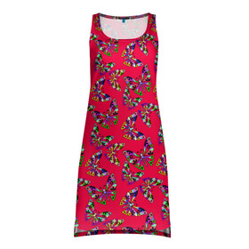 Платье-майка 3D с принтом Бабочки на красном в Тюмени, 100% полиэстер | полуприлегающий силуэт, широкие бретели, круглый вырез горловины, удлиненный подол сзади. | веселый узор | весенний | детский | для девочек | красный | летний | лето | малышам | разноцветный узор