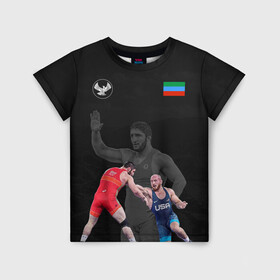 Детская футболка 3D с принтом Dagestan wrestling team в Тюмени, 100% гипоаллергенный полиэфир | прямой крой, круглый вырез горловины, длина до линии бедер, чуть спущенное плечо, ткань немного тянется | Тематика изображения на принте: abdulrashid | dagestan | freestyle | sadulaev | team | wrestling | абдулрашид | борьба | вольная | дагестан | кавказ | республика | садулаев | сборная | федерация | хасавюрт