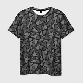 Мужская футболка 3D с принтом Геометрический серый узор  в Тюмени, 100% полиэфир | прямой крой, круглый вырез горловины, длина до линии бедер | Тематика изображения на принте: абстрактный | геометрический | мозаика | серый | современный | темный серый | черно белый