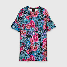 Детское платье 3D с принтом Тропические цветы  в Тюмени, 100% полиэстер | прямой силуэт, чуть расширенный к низу. Круглая горловина, на рукавах — воланы | Тематика изображения на принте: летний | розовый | синий | тропический узор | цветочный узор | цветы | экзотические цветы