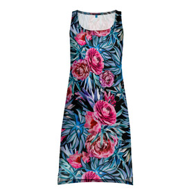 Платье-майка 3D с принтом Тропические цветы  в Тюмени, 100% полиэстер | полуприлегающий силуэт, широкие бретели, круглый вырез горловины, удлиненный подол сзади. | летний | розовый | синий | тропический узор | цветочный узор | цветы | экзотические цветы